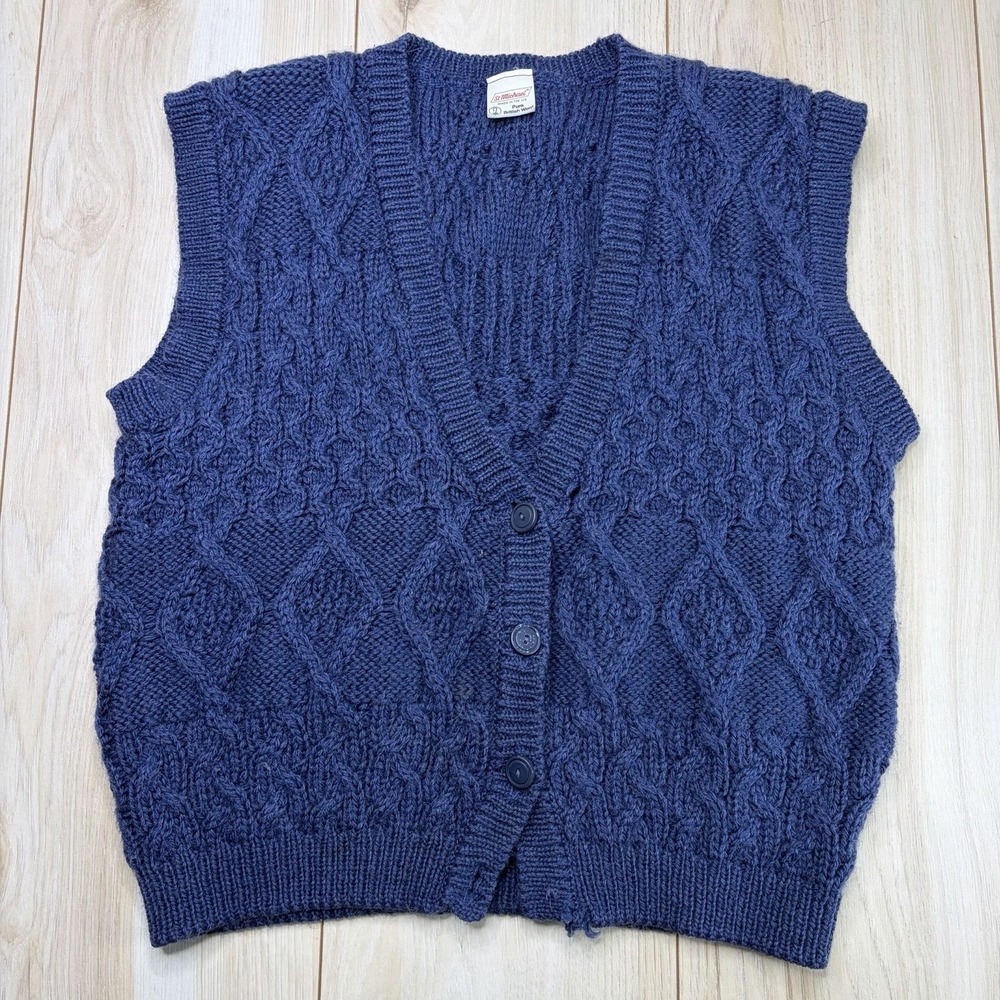 St Michael Pure Wool Navy Blue Cable-Knit Sweater Vest Button-Up Womens Large
